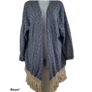Paper Crane Knit/Fringed Open Front Blue and White Long Sleeve Cardigan M